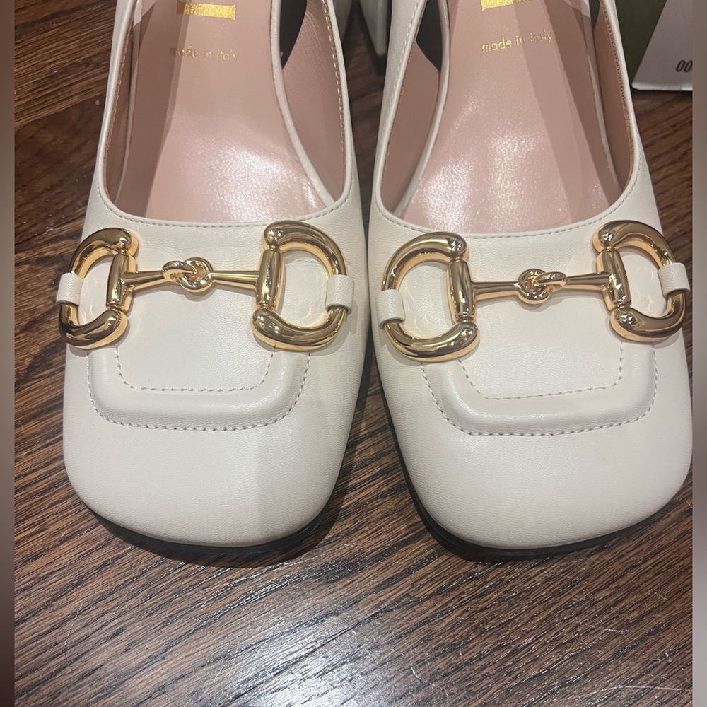 Gucci GG Slingback Horsebit Pumps Chunk Heel Heels Mystic White Leather Sz 41 - Picture 3 of 15